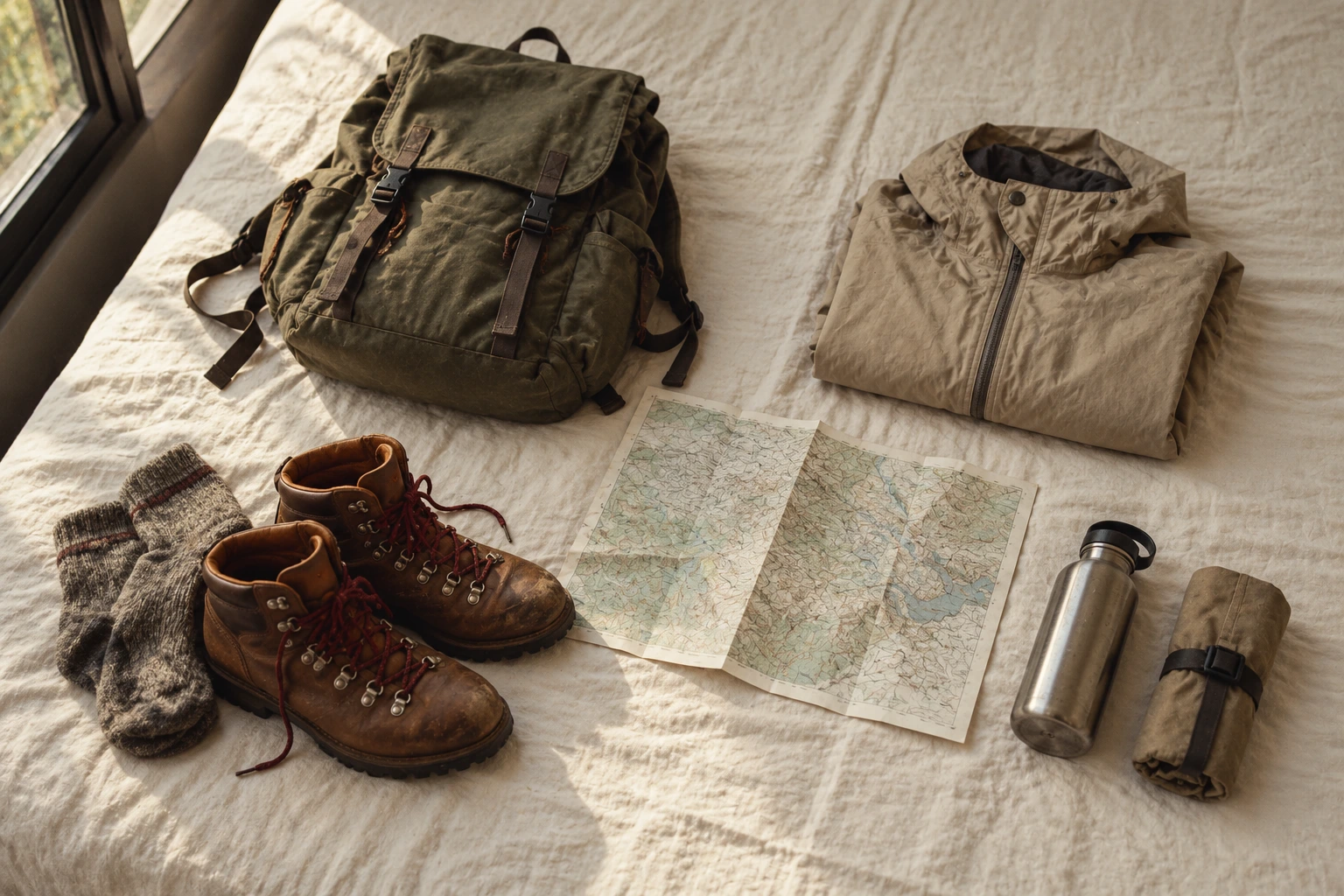 Ropa y objetos de viaje preparados sobre una cama